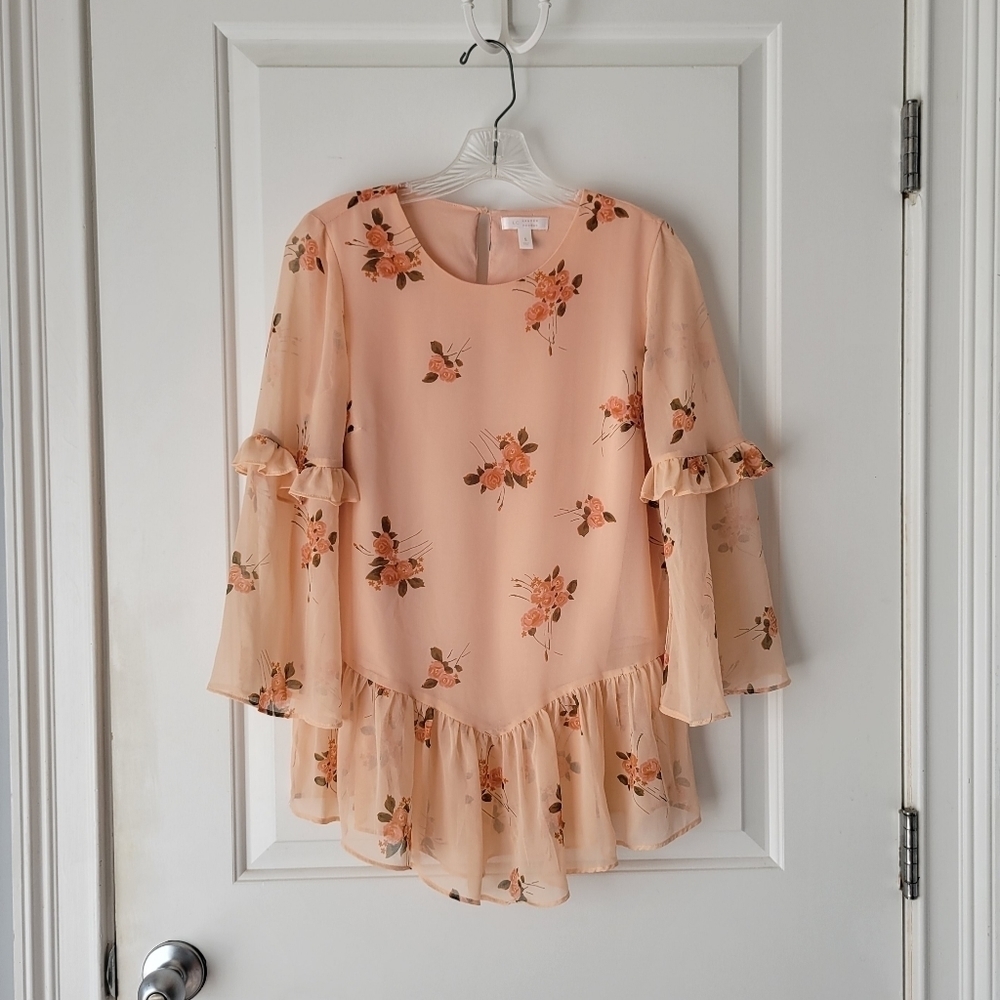 Peach Floral Chiffon Ruffle Blouse 3/4 Sleeve